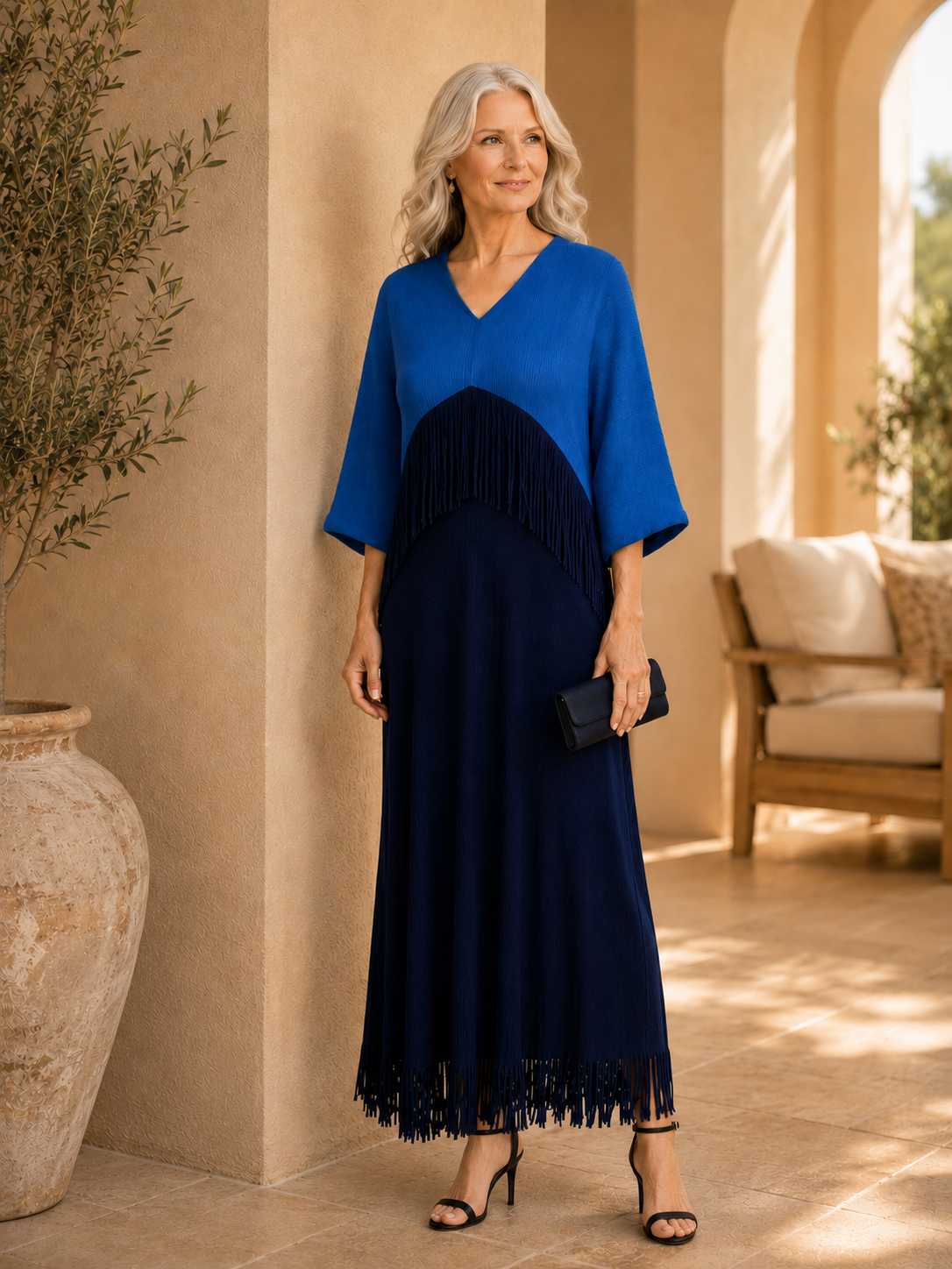 CAPRI - Cobalt Navy Pleated Fringe Dress Two-Tone V-Neck Sculptural Maxi