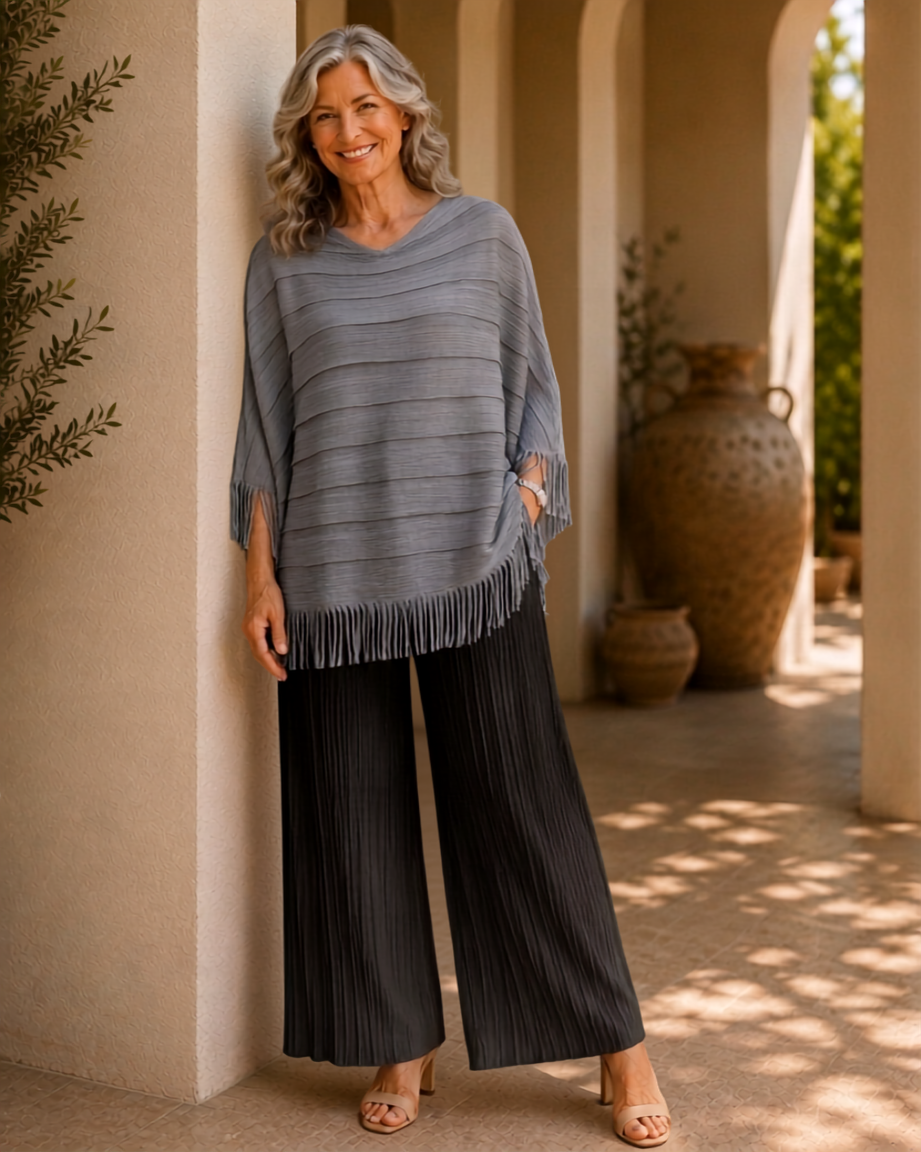 PALOMA - Grey Sheer Fringe Poncho Striped Mesh Oversized Layering Wrap