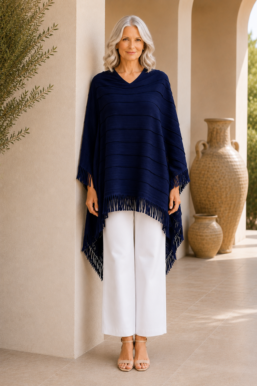 PALOMA - Navy Sheer Fringe Poncho Striped Mesh Oversized Layering Wrap