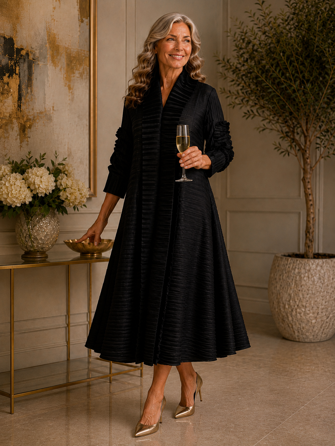 VIVIENNE - shawl collar dress with sculptural ruffle