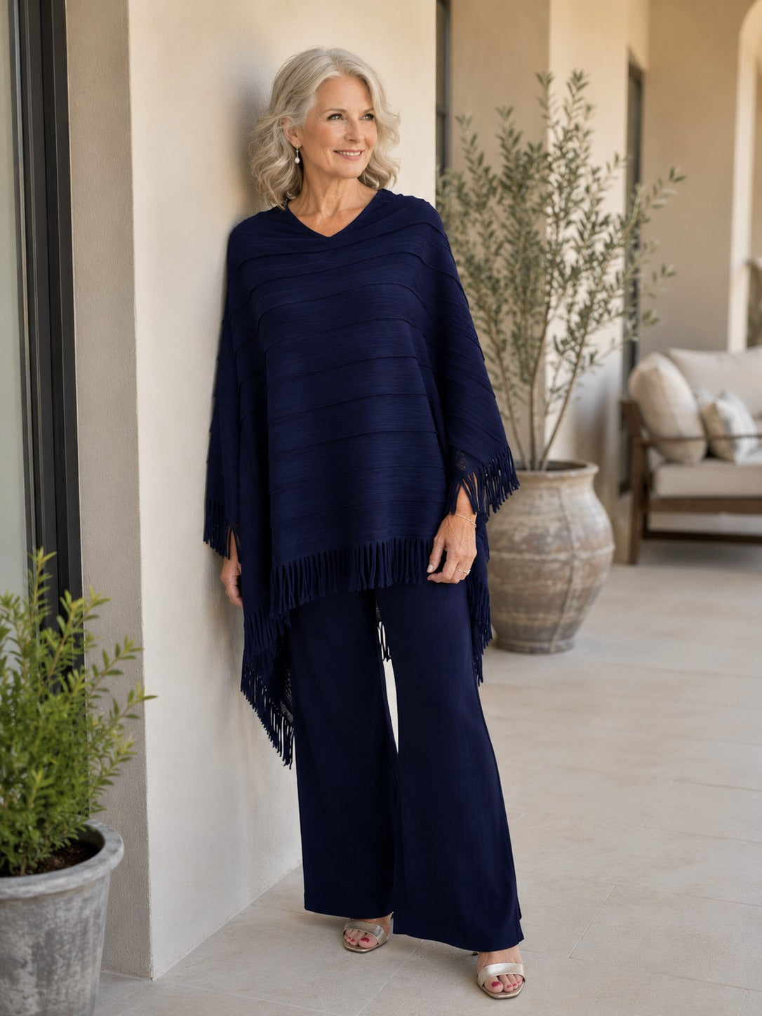 PALOMA - Navy Sheer Fringe Poncho Striped Mesh Oversized Layering Wrap